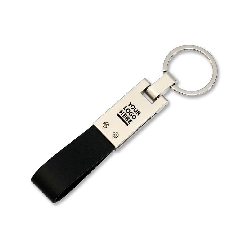 BLACK LEATHER STRAP RECTANGULAR METAL KEYCHAIN